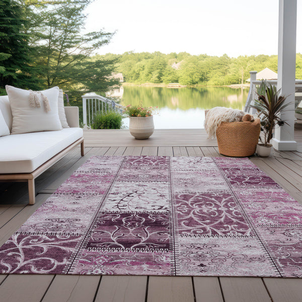 Homeroots 10' X 14' Mountbatten Pink Patchwork Washable Non Skid Indoor Outdoor Area Rug Burgundy Polyester 563537