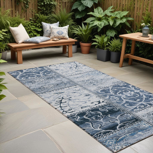 Homeroots 8' Runner Denim Blue Patchwork Washable Non Skid Indoor Outdoor Runner Rug Denim Polyester 563539