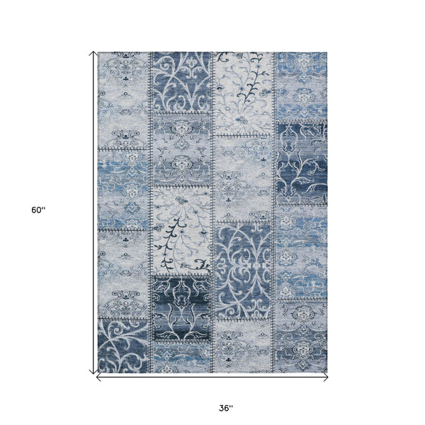 Homeroots 3' X 5' Denim Blue Patchwork Washable Non Skid Indoor Outdoor Area Rug Denim Polyester 563541