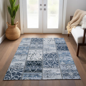 Homeroots 3' X 5' Denim Blue Patchwork Washable Non Skid Indoor Outdoor Area Rug Denim Polyester 563541