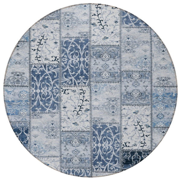 HomeRoots 5' Denim Blue Patchwork Area Rug – Stylish, Washable, Non-Skid Design for Indoor and Outdoor Use 8' Round 563543