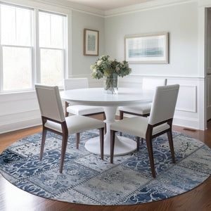 HomeRoots 5' Denim Blue Patchwork Area Rug – Stylish, Washable, Non-Skid Design for Indoor and Outdoor Use 8' Round 563543