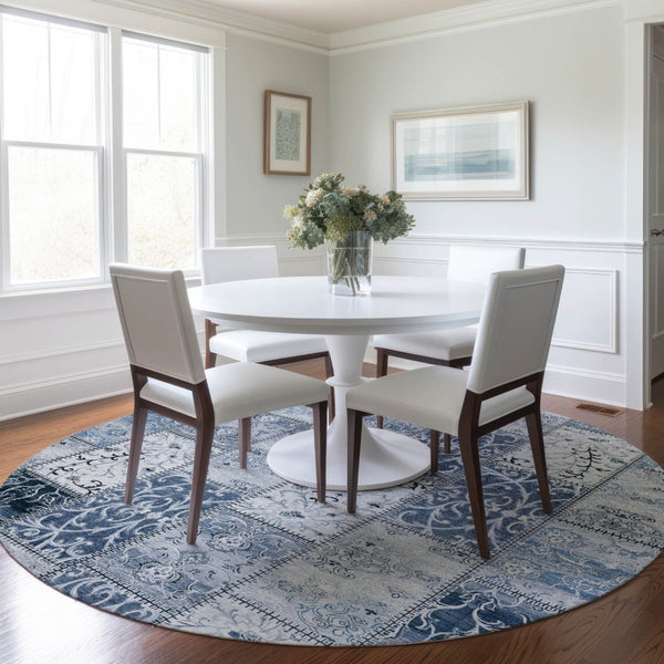 HomeRoots 5' Denim Blue Patchwork Area Rug – Stylish, Washable, Non-Skid Design for Indoor and Outdoor Use 8' Round 563543