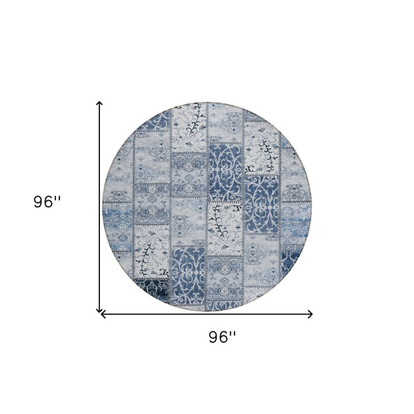 HomeRoots 5' Denim Blue Patchwork Area Rug – Stylish, Washable, Non-Skid Design for Indoor and Outdoor Use 8' Round 563543