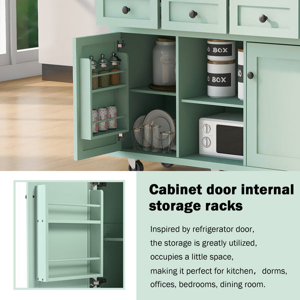 English Elm Kitchen Cart with Drop-Leaf Rubberwood Countertop, Rolling Island with Cabinet, Drawers & Racks for Dining Room - Stylish Durable Storage Solution Mint Green WF298028AAE