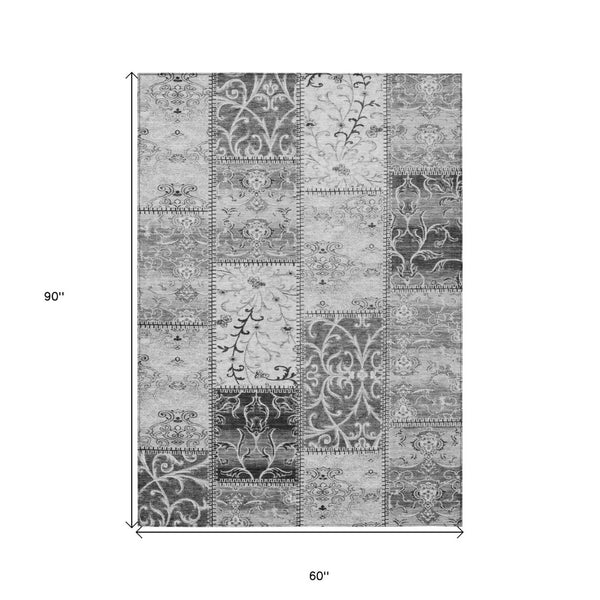 HomeRoots 5' Gray Patchwork Washable Area Rug - Non-Skid, Stylish, Stain-Resistant for Indoor & Outdoor Use 5' X 8' 563551