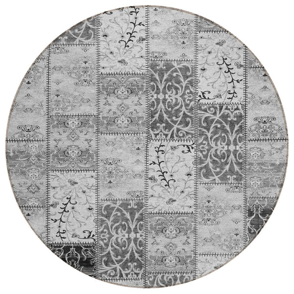 HomeRoots 5' Gray Patchwork Washable Area Rug - Non-Skid, Stylish, Stain-Resistant for Indoor & Outdoor Use 8' Round 563552
