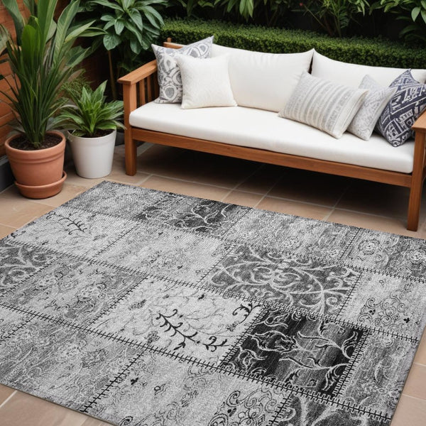 HomeRoots 5' Gray Patchwork Washable Area Rug - Non-Skid, Stylish, Stain-Resistant for Indoor & Outdoor Use 10' X 14' 563555