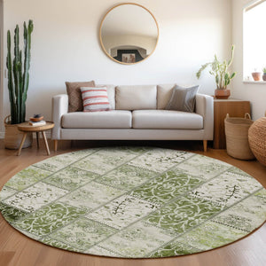 HomeRoots 5' Green Patchwork Area Rug - Washable, Non-Skid, Stain-Resistant for Indoor & Outdoor Spaces 8' Round 563561