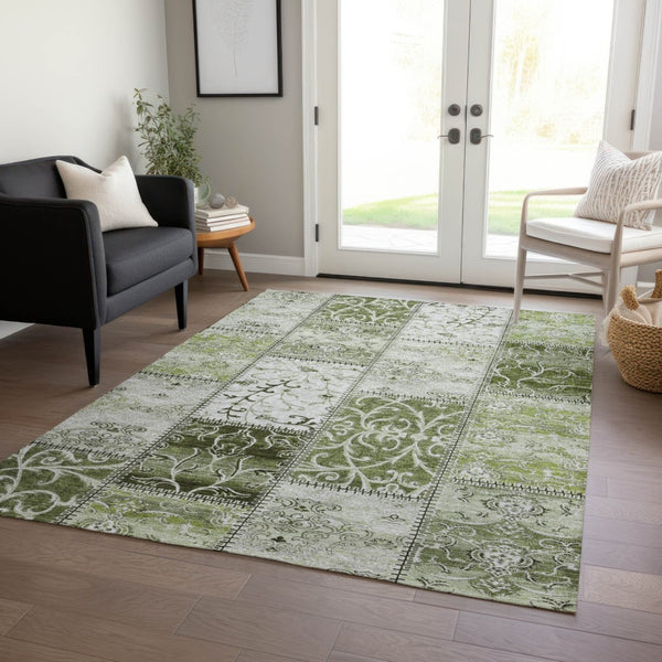 HomeRoots 5' Green Patchwork Area Rug - Washable, Non-Skid, Stain-Resistant for Indoor & Outdoor Spaces 9' X 12' 563563