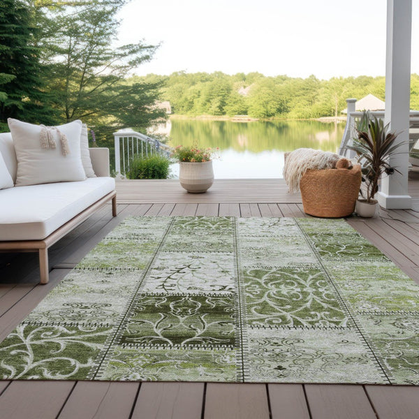 HomeRoots 5' Green Patchwork Area Rug - Washable, Non-Skid, Stain-Resistant for Indoor & Outdoor Spaces 10' X 14' 563564