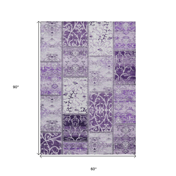Homeroots 5' X 8' Purple Patchwork Washable Non Skid Indoor Outdoor Area Rug Purple Polyester 563569