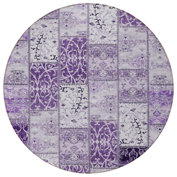 Homeroots 8' Round Purple Round Patchwork Washable Non Skid Indoor Outdoor Area Rug Purple Polyester 563570