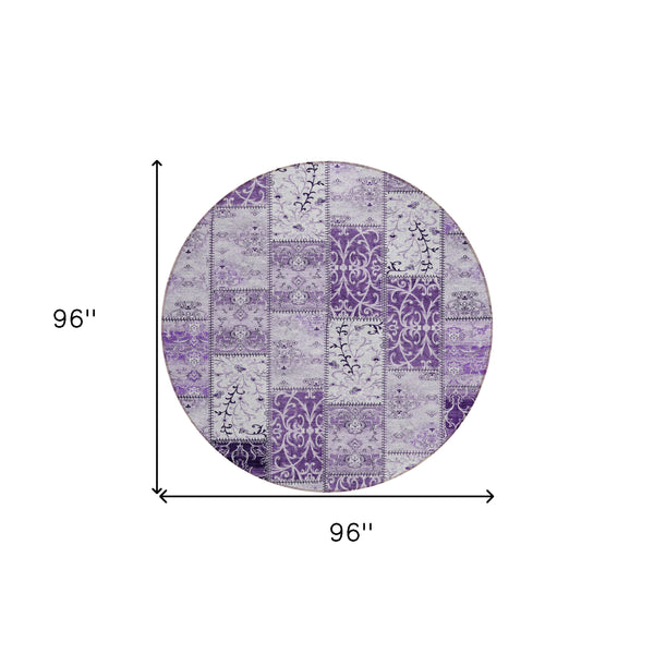 Homeroots 8' Round Purple Round Patchwork Washable Non Skid Indoor Outdoor Area Rug Purple Polyester 563570