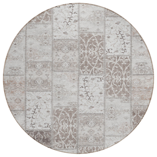 Homeroots 8' Round Taupe And Ivory Round Patchwork Washable Non Skid Indoor Outdoor Area Rug Taupe Polyester 563579