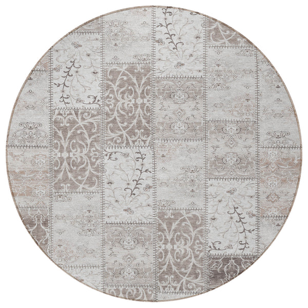 Homeroots 8' Round Taupe And Ivory Round Patchwork Washable Non Skid Indoor Outdoor Area Rug Taupe Polyester 563579