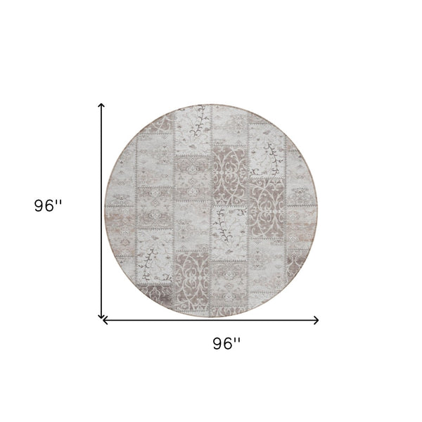HomeRoots 8' Stylish Taupe and Ivory Round Patchwork Rug - Durable, Easy-Care Design for Indoor & Outdoor Use 8' Round 563579