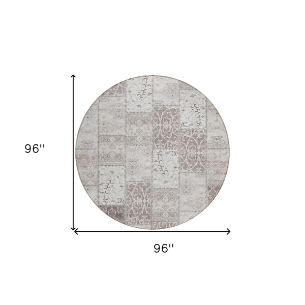 Homeroots 8' Round Taupe And Ivory Round Patchwork Washable Non Skid Indoor Outdoor Area Rug Taupe Polyester 563579