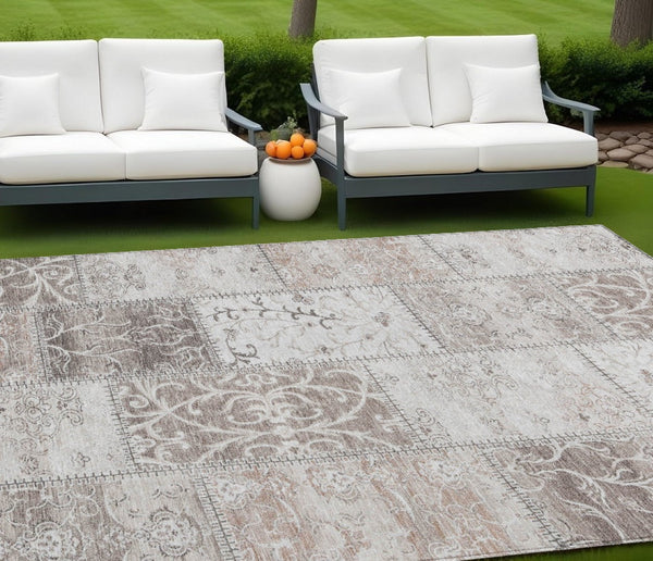 HomeRoots 8' Stylish Taupe and Ivory Round Patchwork Rug - Durable, Easy-Care Design for Indoor & Outdoor Use 8' X 10' 563580