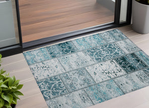 Homeroots 3' X 5' Teal Patchwork Washable Non Skid Indoor Outdoor Area Rug Teal Polyester 563586