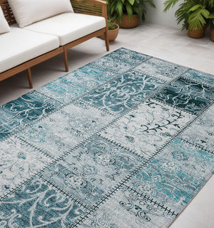 Homeroots 5' X 8' Teal Patchwork Washable Non Skid Indoor Outdoor Area Rug Teal Polyester 563587