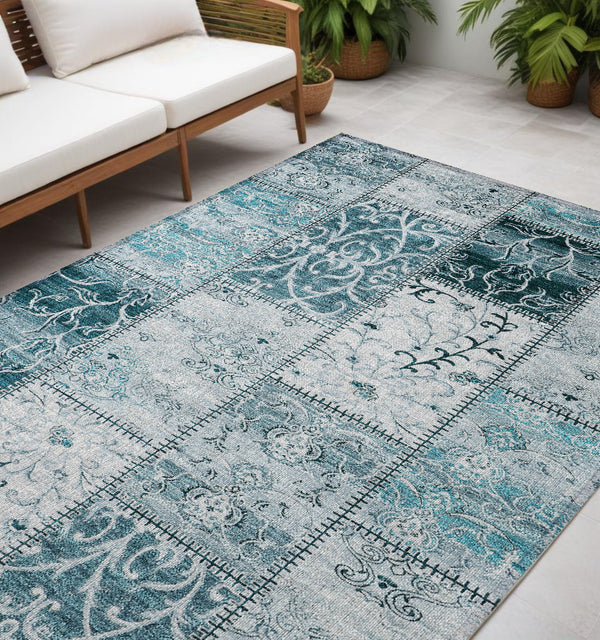Homeroots 5' X 8' Teal Patchwork Washable Non Skid Indoor Outdoor Area Rug Teal Polyester 563587