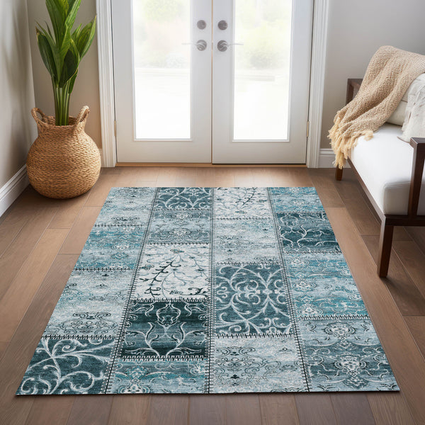 Homeroots 5' X 8' Teal Patchwork Washable Non Skid Indoor Outdoor Area Rug Teal Polyester 563587