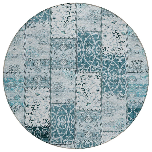HomeRoots 5' Teal Patchwork Area Rug – Durable, Washable, Non-Skid Design for Indoor & Outdoor Living Spaces 8' Round 563588