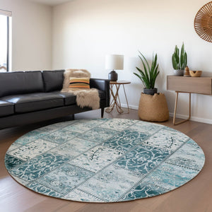 HomeRoots 5' Teal Patchwork Area Rug – Durable, Washable, Non-Skid Design for Indoor & Outdoor Living Spaces 8' Round 563588