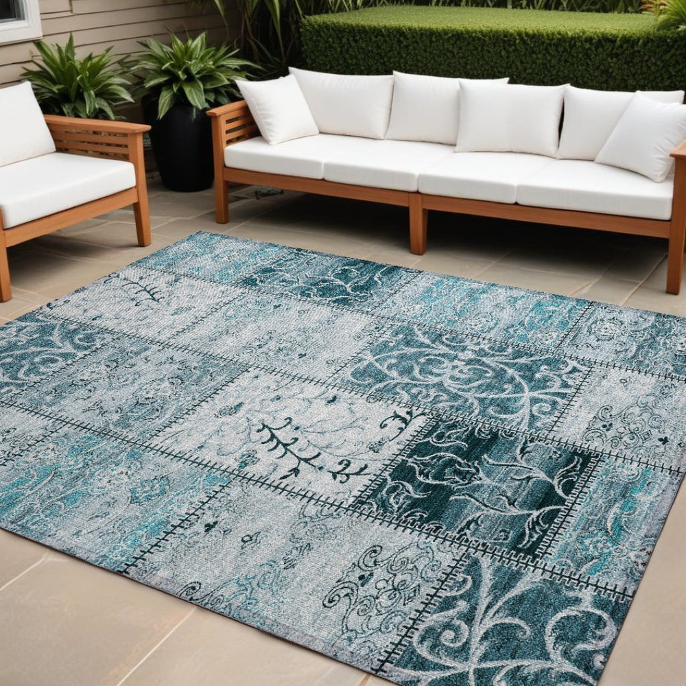 HomeRoots 5' Teal Patchwork Area Rug – Durable, Washable, Non-Skid Design for Indoor & Outdoor Living Spaces 8' X 10' 563589