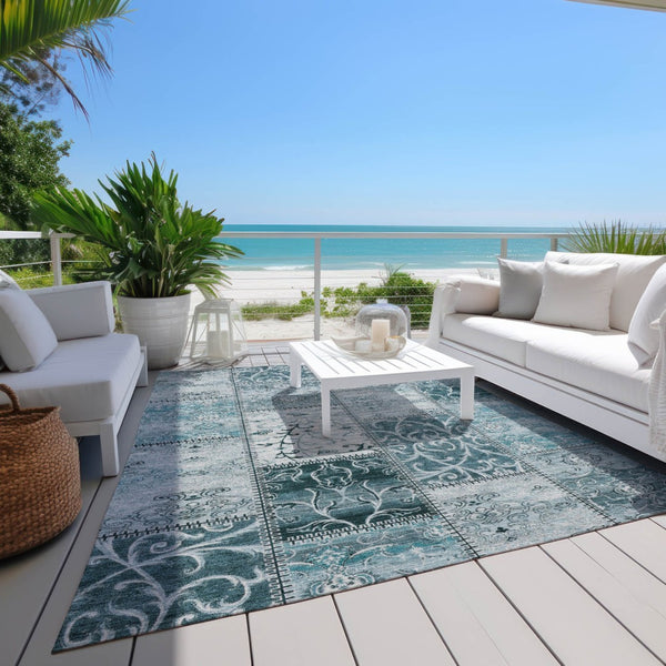 HomeRoots 5' Teal Patchwork Area Rug – Durable, Washable, Non-Skid Design for Indoor & Outdoor Living Spaces 9' X 12' 563590