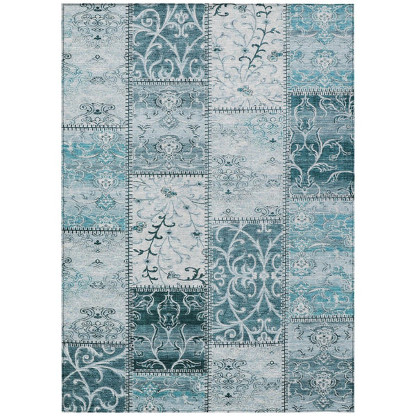 HomeRoots 5' Teal Patchwork Area Rug – Durable, Washable, Non-Skid Design for Indoor & Outdoor Living Spaces 9' X 12' 563590