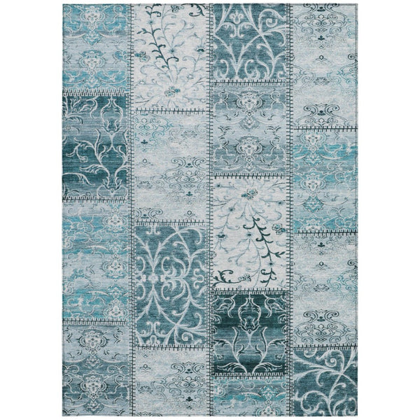 HomeRoots 5' Teal Patchwork Area Rug – Durable, Washable, Non-Skid Design for Indoor & Outdoor Living Spaces 9' X 12' 563590