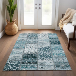 HomeRoots 5' Teal Patchwork Area Rug – Durable, Washable, Non-Skid Design for Indoor & Outdoor Living Spaces 9' X 12' 563590