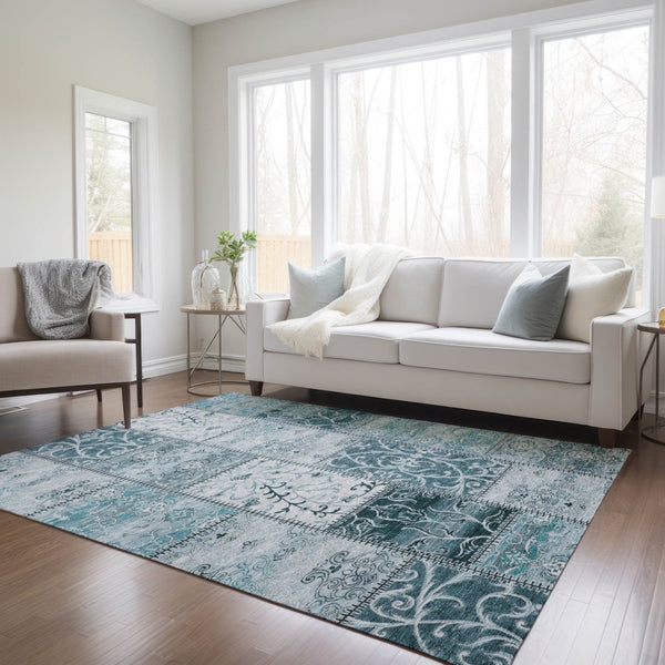 HomeRoots 5' Teal Patchwork Area Rug – Durable, Washable, Non-Skid Design for Indoor & Outdoor Living Spaces 10' X 14' 563591