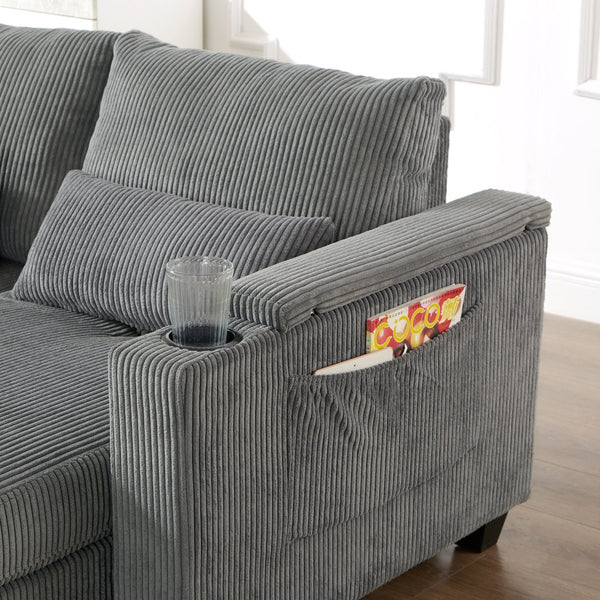 English Elm Convertible Chaise Lounge Sofa Bed With Usb Ports, Cup Holders & Storage - Stylish Grey Sleeper Sofa N719S002020E