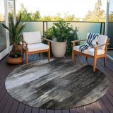 Homeroots 8' Round Gray And Black Round Abstract Washable Non Skid Indoor Outdoor Area Rug Gray Polyester 563606