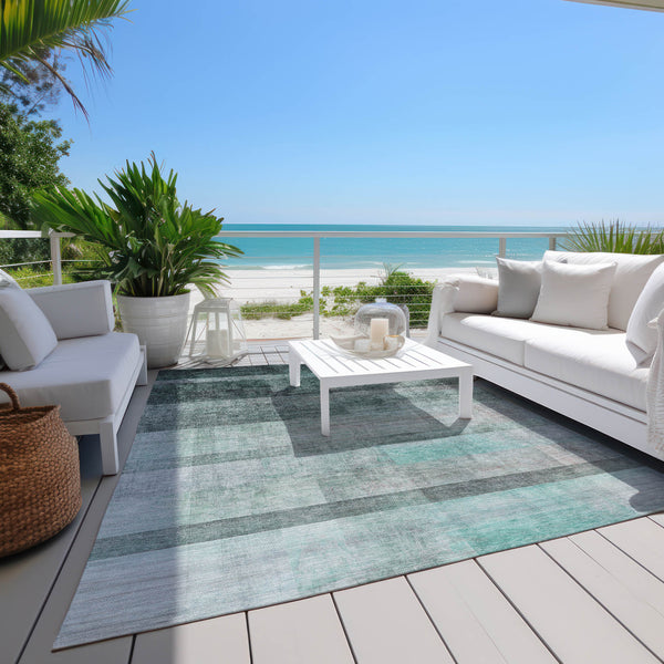 Homeroots 5' X 8' Teal Ombre Washable Non Skid Indoor Outdoor Area Rug Teal Polyester 563686