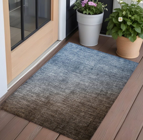 Homeroots 3' X 5' Blue And Green Ombre Washable Non Skid Indoor Outdoor Area Rug Chocolate Polyester 563694