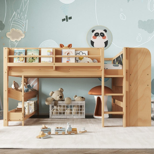 English Elm Twin Low Loft Bed Solid Pine Frame Kids Study Desk Blackboard Storage White W1580S00571