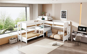 English Elm Twin L-shaped Bunk Bed Pine Wood Corner Design with Desk Drawers and Usb Charging White N820S00079K