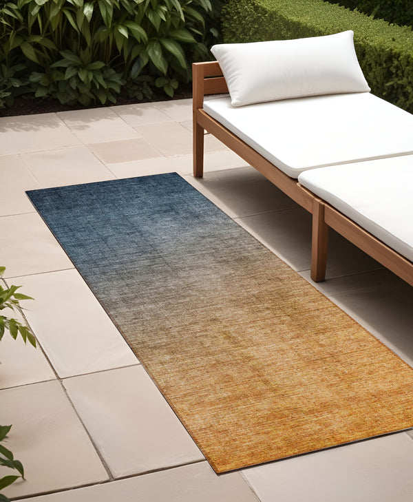 Homeroots 8' Runner Denim And Gold Ombre Washable Non Skid Indoor Outdoor Runner Rug Navy Polyester 563710