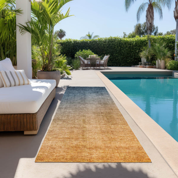 Homeroots 8' Runner Denim And Gold Ombre Washable Non Skid Indoor Outdoor Runner Rug Navy Polyester 563710