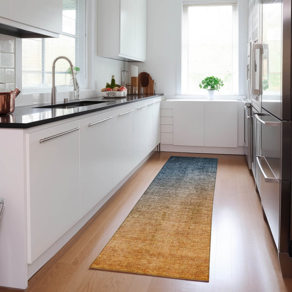 Homeroots 8' Runner Denim And Gold Ombre Washable Non Skid Indoor Outdoor Runner Rug Navy Polyester 563710