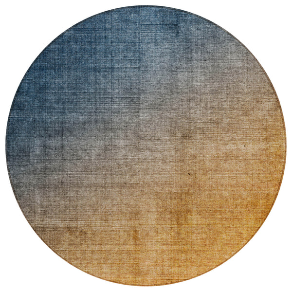 Homeroots 8' Round Denim And Gold Round Ombre Washable Non Skid Indoor Outdoor Area Rug Navy Polyester 563714