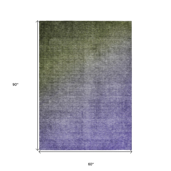 Homeroots 5' X 8' Olive Green And Purple Ombre Washable Non Skid Indoor Outdoor Area Rug Olive Polyester 563722