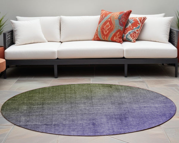 Homeroots 8' Round Olive Green And Purple Round Ombre Washable Non Skid Indoor Outdoor Area Rug Olive Polyester 563723
