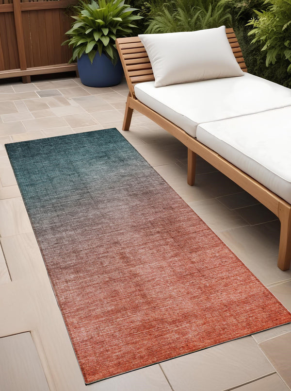 Homeroots 8' Runner Gray And Red Orange Ombre Washable Non Skid Indoor Outdoor Runner Rug Teal Polyester 563728