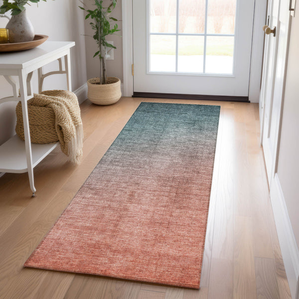 Homeroots 8' Runner Gray And Red Orange Ombre Washable Non Skid Indoor Outdoor Runner Rug Teal Polyester 563728