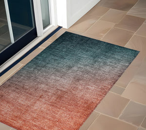Homeroots 3' X 5' Gray And Red Orange Ombre Washable Non Skid Indoor Outdoor Area Rug Teal Polyester 563730